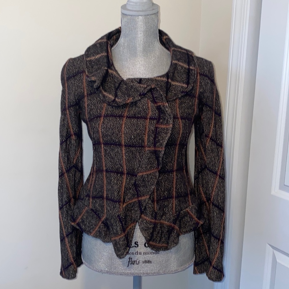 Whimsigoth Heritage Plaid Wool Cashmere Peplum Tweed Blazer Jacket Size Small